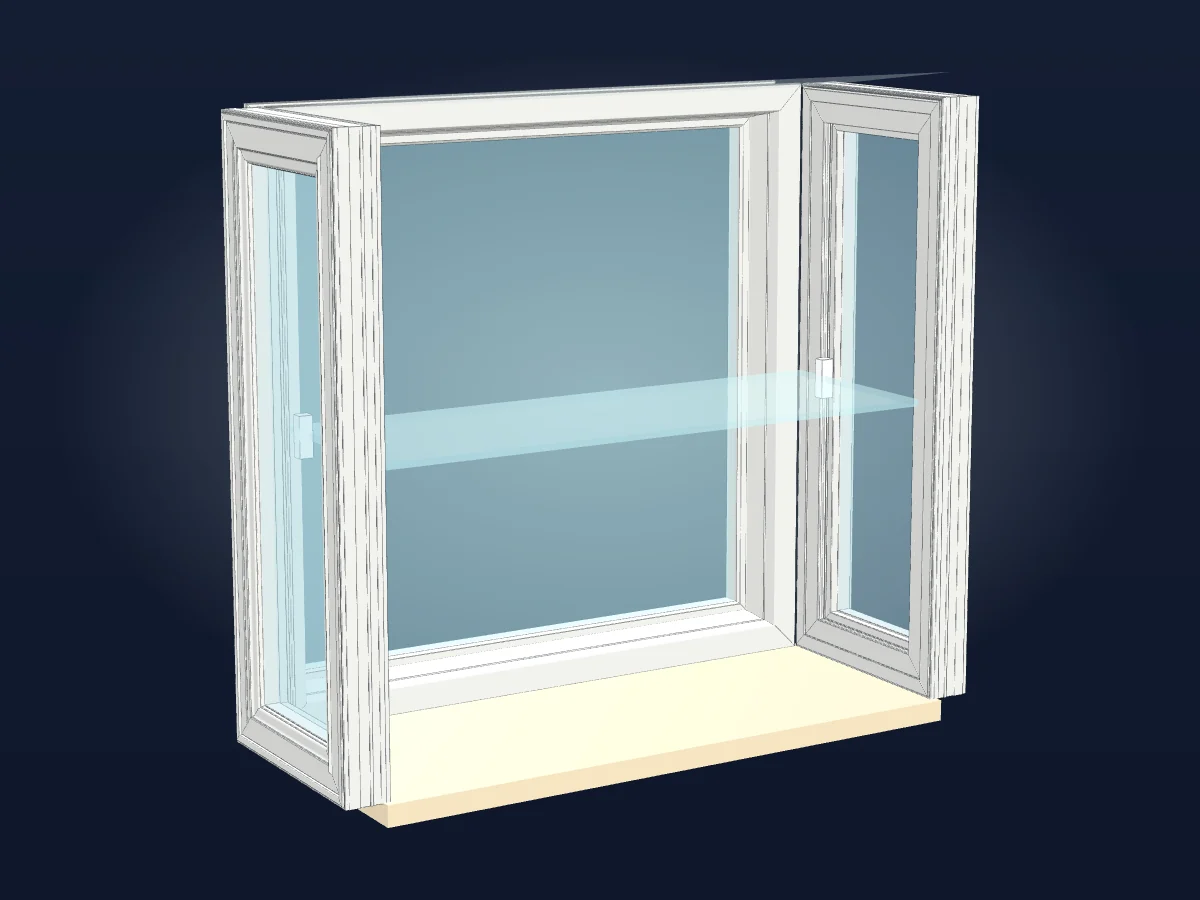 3-D render of a garden window projecting from an exterior wall, with a sloped glass roof, two side vents, and a plant shelf