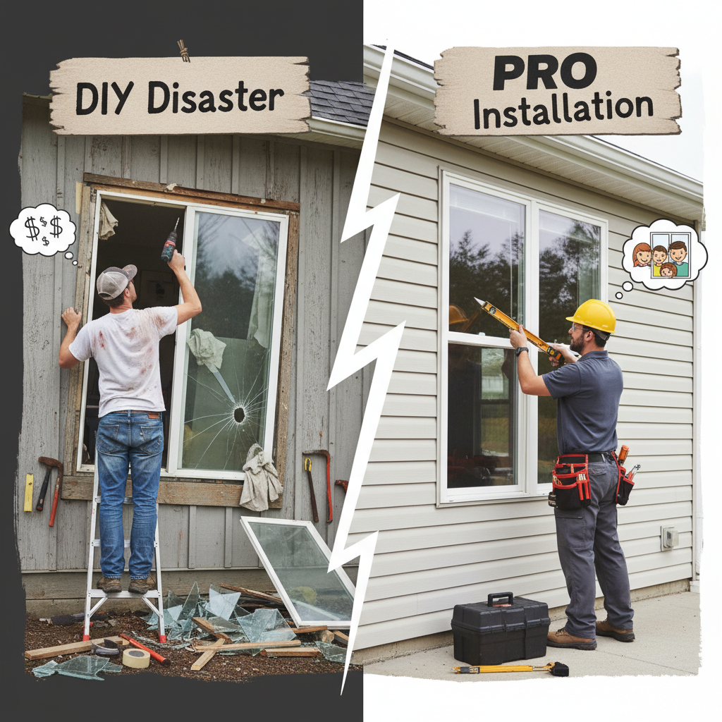 A split image comparing a homeowner attempting DIY window installation with a professional installer, highlighting the differences in skill, tools, and potential outcomes.