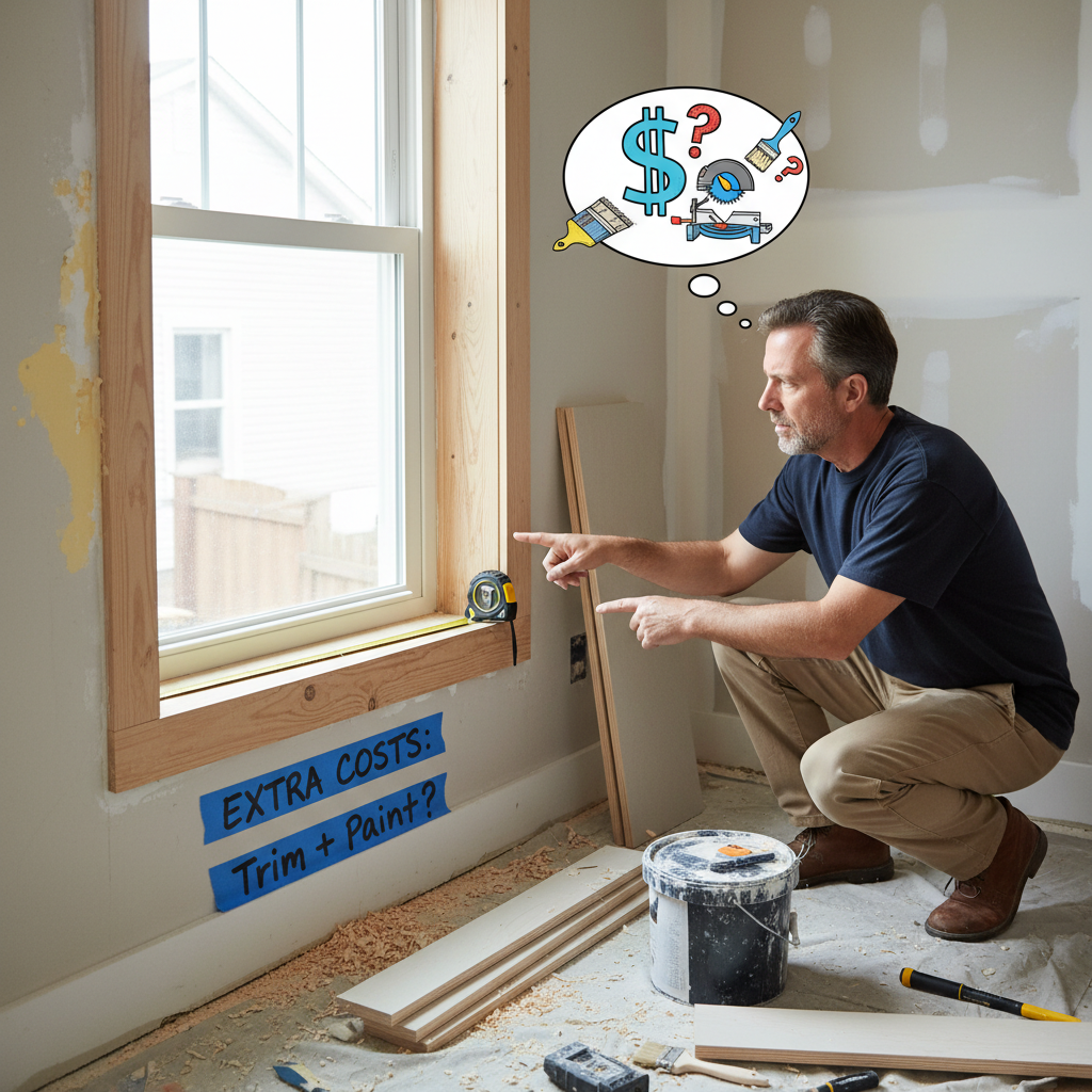 A homeowner inspecting the interior trim around a newly installed window, highlighting potential hidden costs of window replacement like trim work and painting.