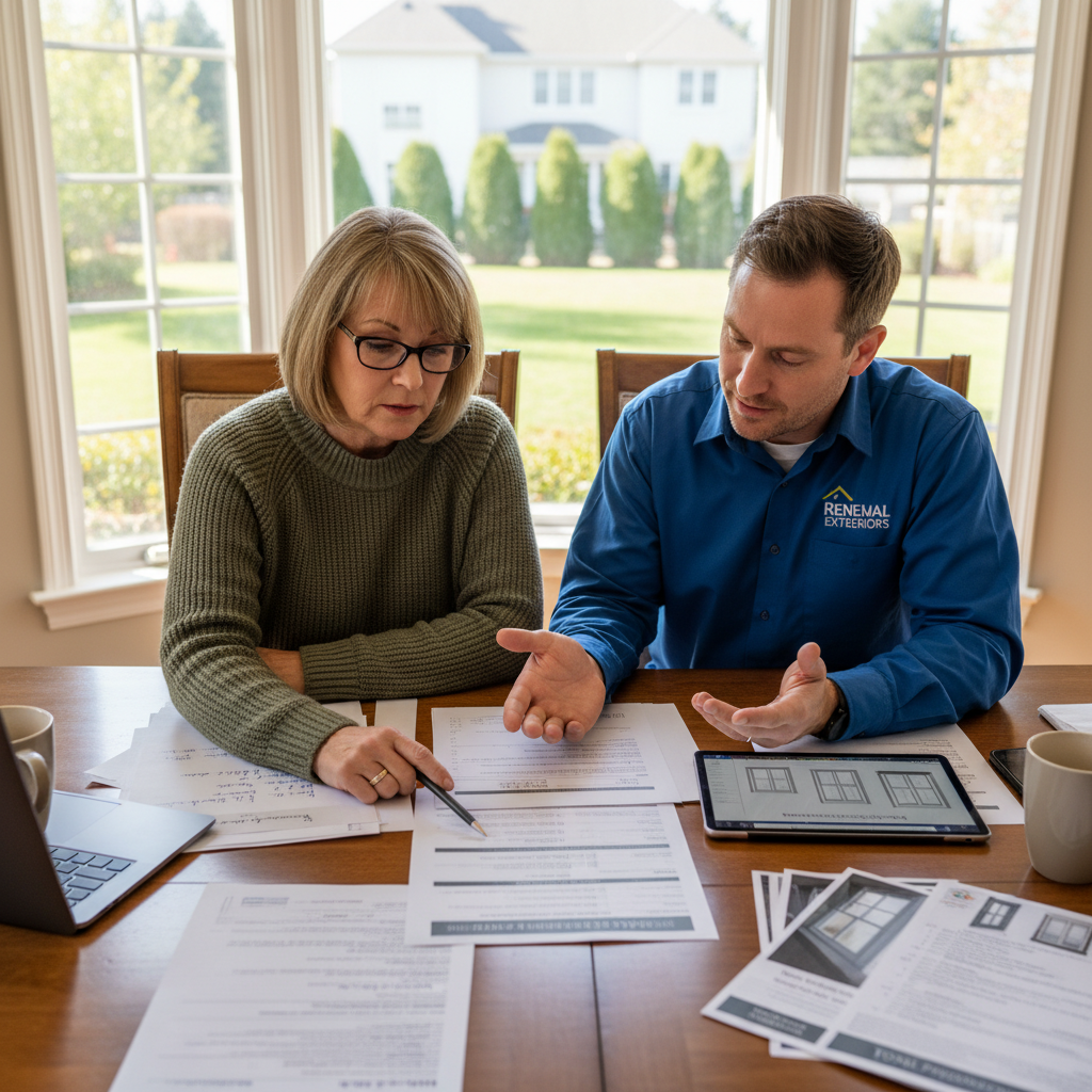 A homeowner reviewing a detailed window replacement quote with a contractor, emphasizing the importance of clear communication and understanding all costs involved.