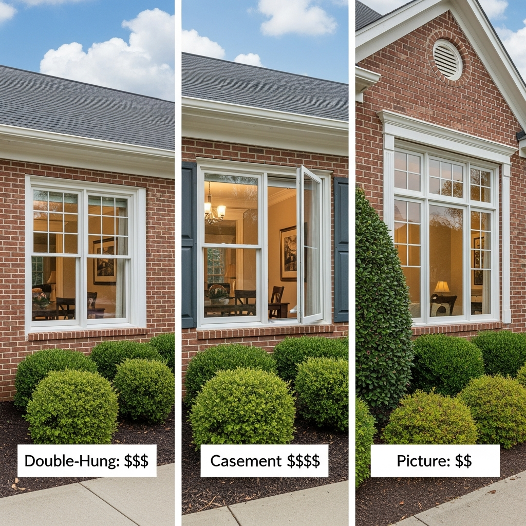A split-screen image showing various window styles (double-hung, casement, picture) to illustrate the impact of style on replacement cost in a Georgia home.